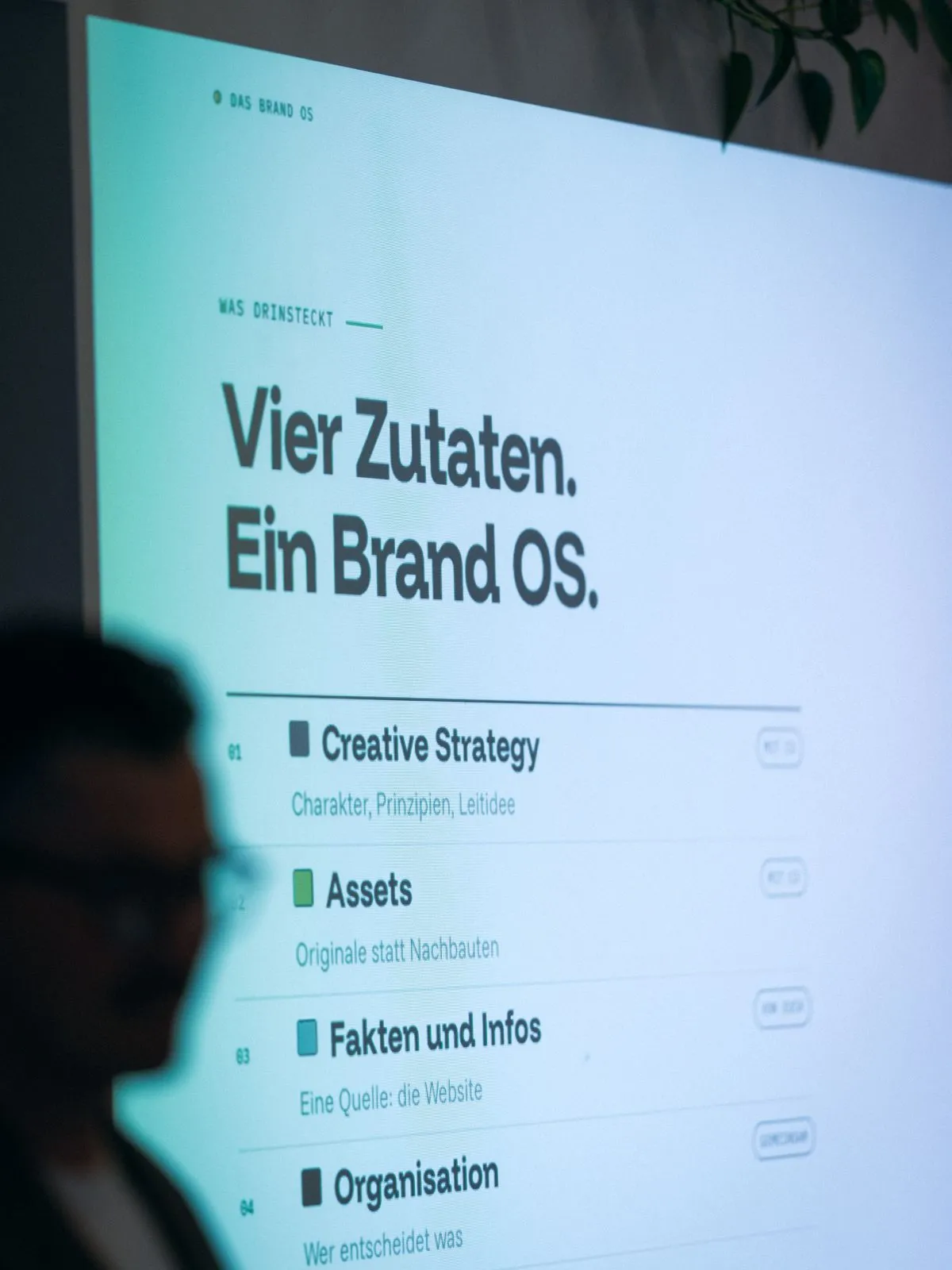 Folie „Vier Zutaten. Ein Brand OS.“ mit den Punkten Creative Strategy, Assets, Fakten und Infos sowie Organisation