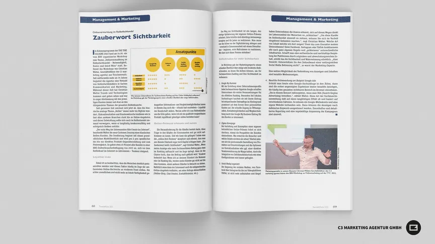 Doppelseitiger Magazinartikel mit dem Titel „Zauberwort Sichtbarkeit“. Der Artikel berichtet über einen Workshop zur Onlinevermarktung im Reifenhandel, geleitet von Christian Walter, Geschäftsführer der C3 marketing agentur.